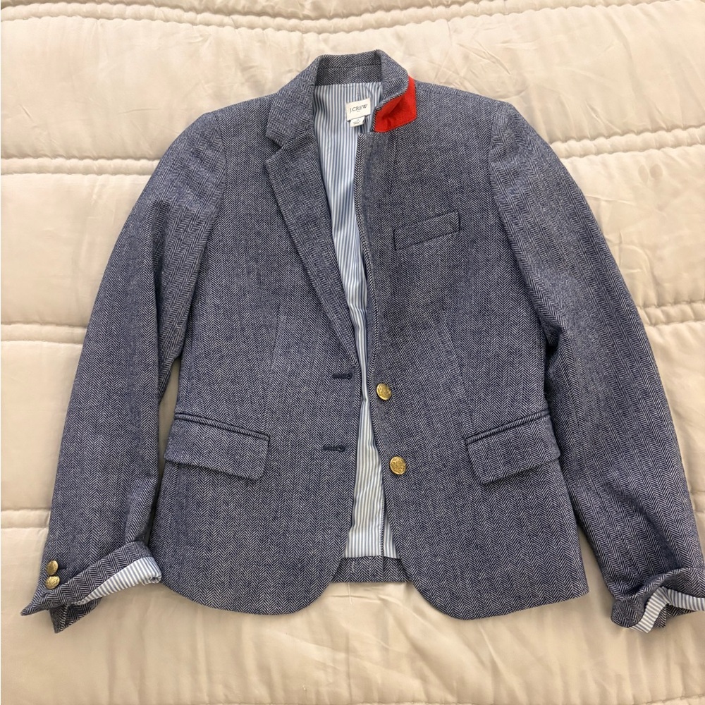 J.Crew Navy Herringbone Blazer with Red Collar Detail